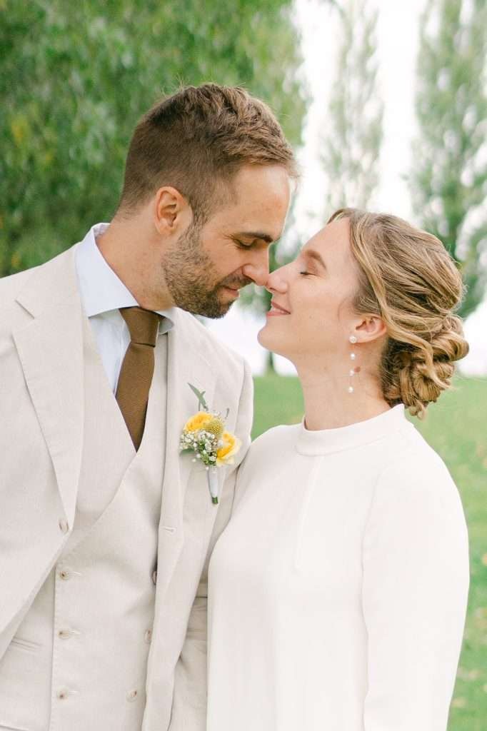 A couple kissing during their wedding day in Montreux Switzerland.