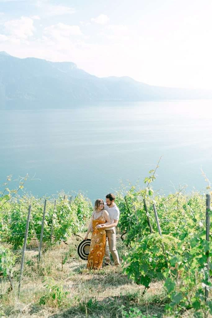 A couple during their engagement shoot in Lavaux Switzerland.