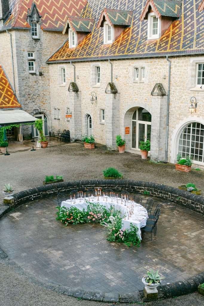 A look down into the patio reception table set up at Domaine de Bournel