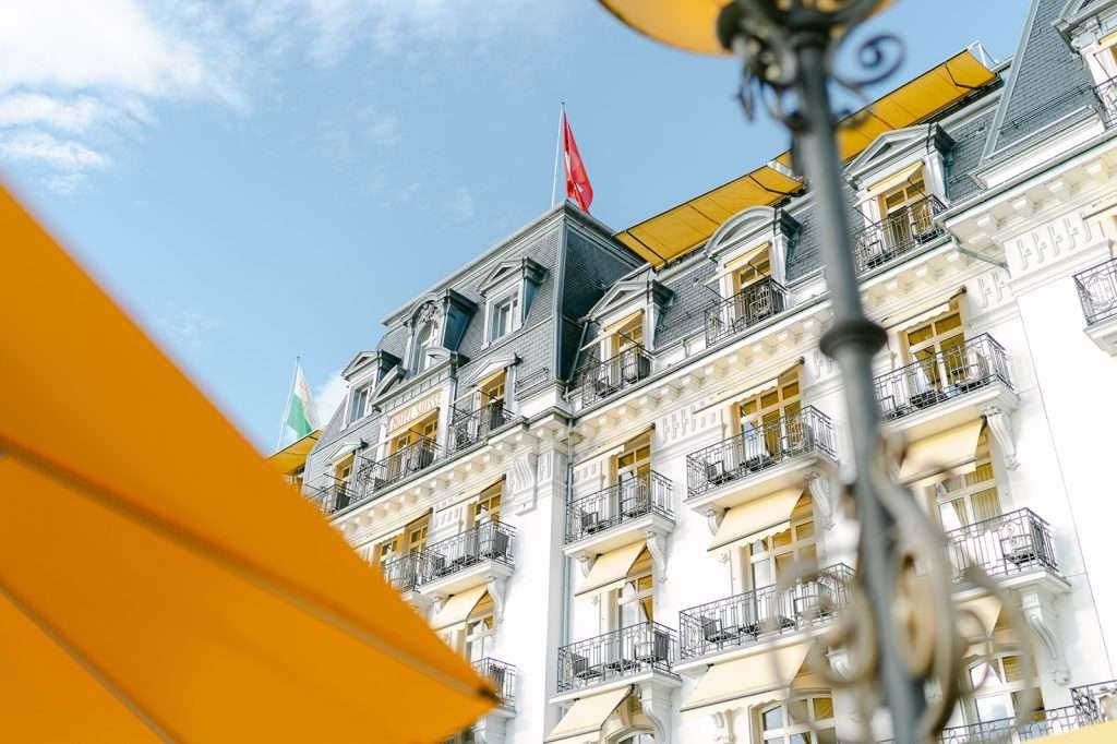 A look up at the room of the Grand Hotel Suisse Majestic from the balcony