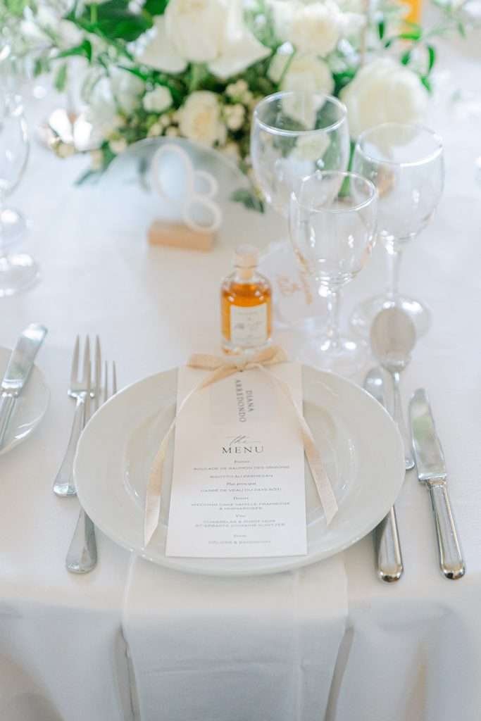 Details of a place setting with silver and white flowers